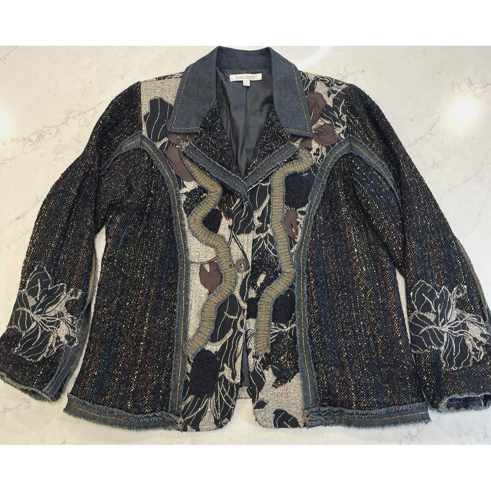 TravelSmith Blazer Large‎ Tweed Denim Floral Jacquard Embroidered Art To Wear